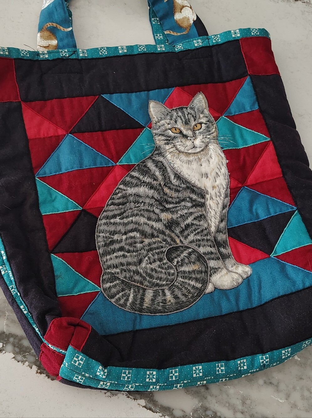 Handmade Quilted Cat Print Tote Bag Book Bag Cat Lover Shopping Bag - Picture 3 of 6